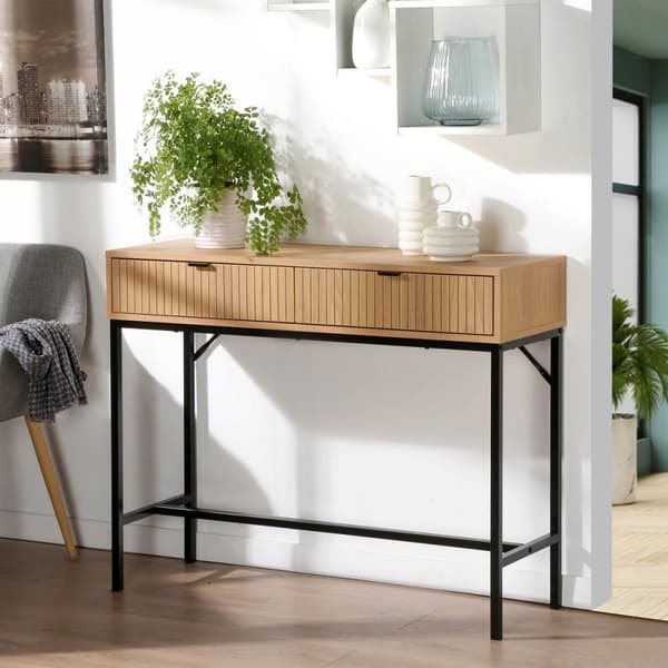 Konsol 2 Lådor Räfflade Träeffekt Fram L100 x H80 cm - TARA