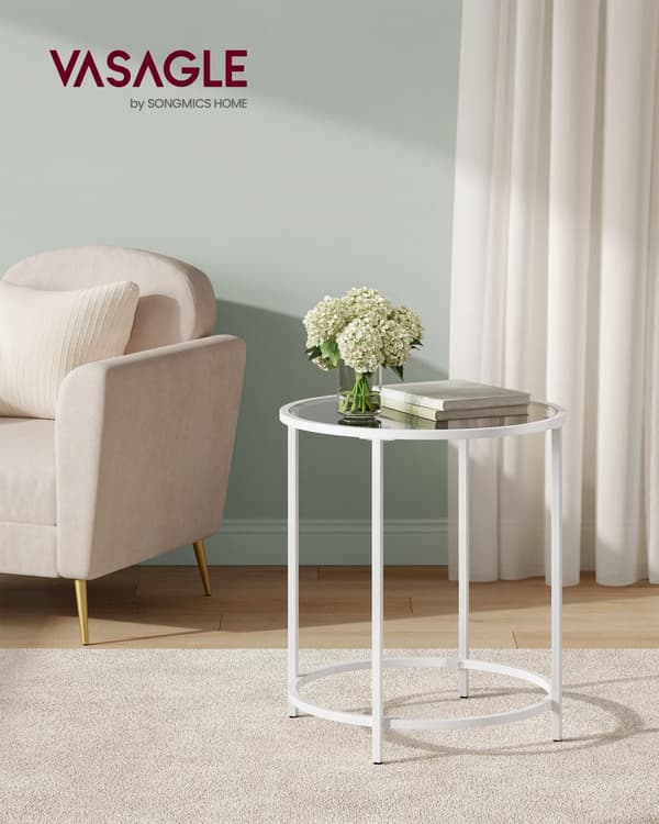 Sidebord-runde-tempereret glas-perl hvid-leigrijs metalramme