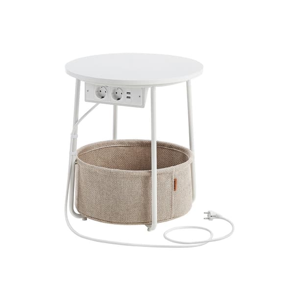 Sidebord - Bedstabel - med opladningsstation og stikkontakt - med kurv - hvid