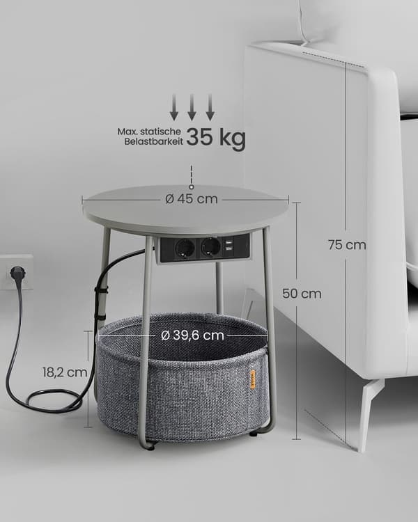 Sidebord - Bedstabel - med opladningsstation og stikkontakt - med kurv - Grå