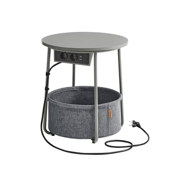 Sidebord - Bedstabel - med opladningsstation og stikkontakt - med kurv - Grå