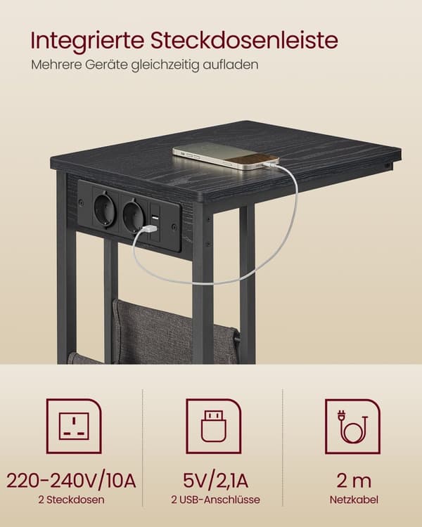 C-formet sidebord med 2 stikkontakter-Ebony Black