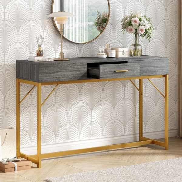 Rootz Light Luxury -konsolipöytä - Eteisen pöytä - Eteisen pöytä - Lisäsäilytystila - 120L x 38W x 76K cm - Tyylikäs MDF, Metallikehys, Kultaiset kahv