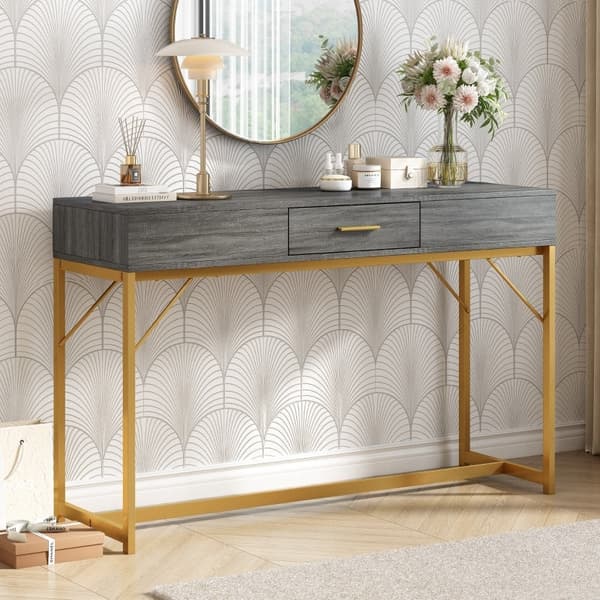Rootz Light Luxury -konsolipöytä - Eteisen pöytä - Eteisen pöytä - Lisäsäilytystila - 120L x 38W x 76K cm - Tyylikäs MDF, Metallikehys, Kultaiset kahv
