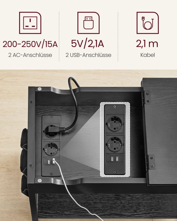 Sivupöytä pistorasialla ja USB-portit-mustalla puunjyvällä