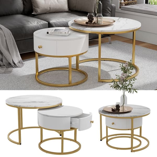 Set Madrid sidobord, 70x48cm, litet bord med låda, Vit marmor, Vicco