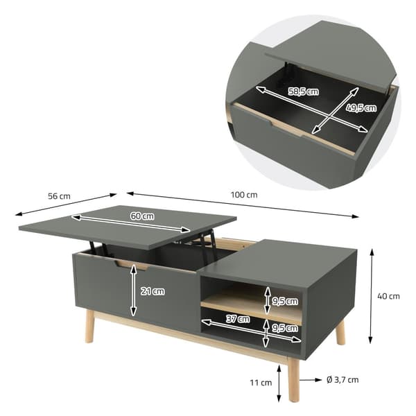 Sofabord 100x56 cm i mat grøn fremstillet af MDF &amp; fyrretræ med højdejusterbar bordplade Stuebord ML-design