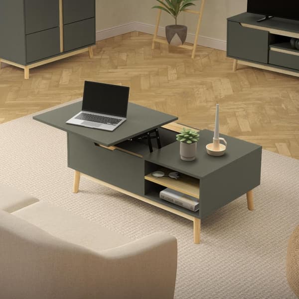 Soffbord 100x56 cm i mattgrönt av MDF &amp; furu med höj- och sänkbar bordsskiva Vardagsrumsbord ML design