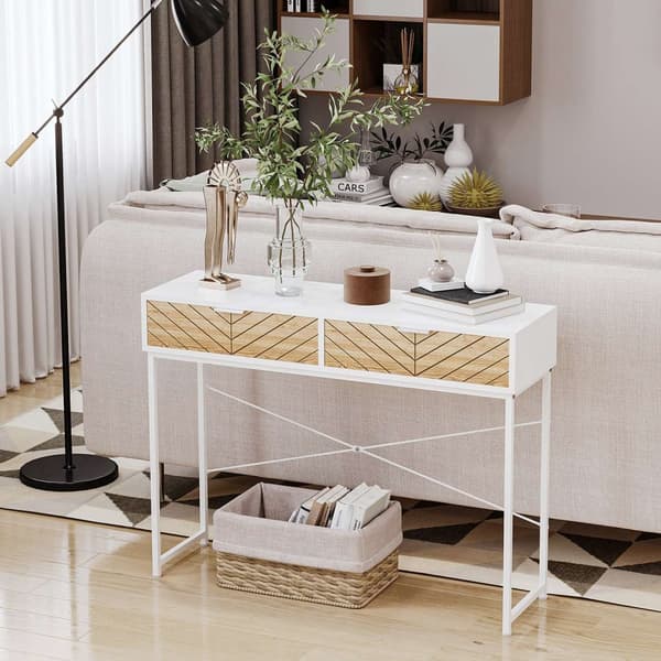 Rootz Console -taulukko - SOFA -taulukko - Enträäntaulukko - Teollisuustyyli - 2 laatikkoa - 100 cm x 30 cm x 75cm - ruskea chevron metallikehys valko