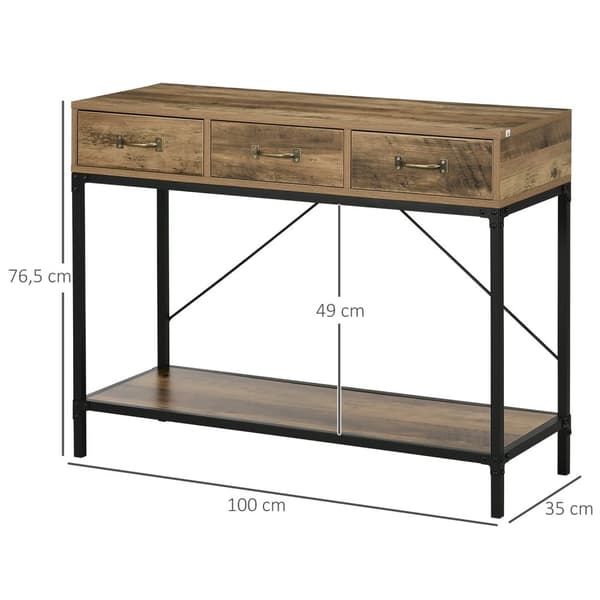 Rootz Console Table - Indgangsbord - Industriel design - 3 skuffer - Træudseende - 100 x 35 x 76,5 cm - Lysebrun og sort