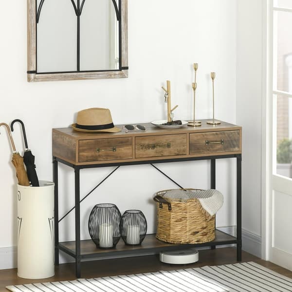 Rootz Console Table - Indgangsbord - Industriel design - 3 skuffer - Træudseende - 100 x 35 x 76,5 cm - Lysebrun og sort