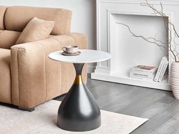 Sidebord Hvit Svart Bordplate i sintret stein Metallbase ø 50 cm Gulldetaljer Moderne design Stue Småbord