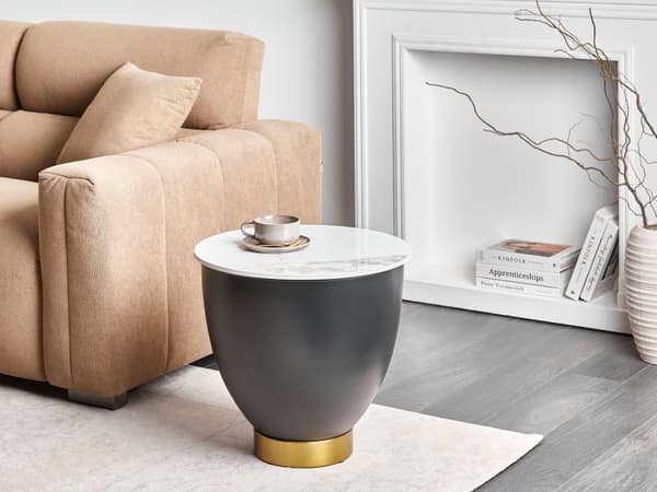 Sidebord Hvit Svart Bordplate i sintret stein Metallbase ø 48 cm Gulldetaljer Oppbevaringsrom Moderne design Stue Småbord