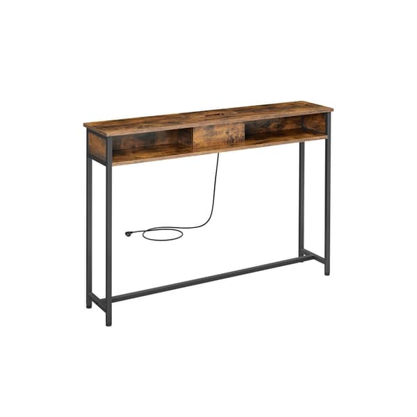 Kapea konsolipöytä Power Stripillä, sohvapöytä, 25 x 120 x 81 cm, ruskea ja mustemusta