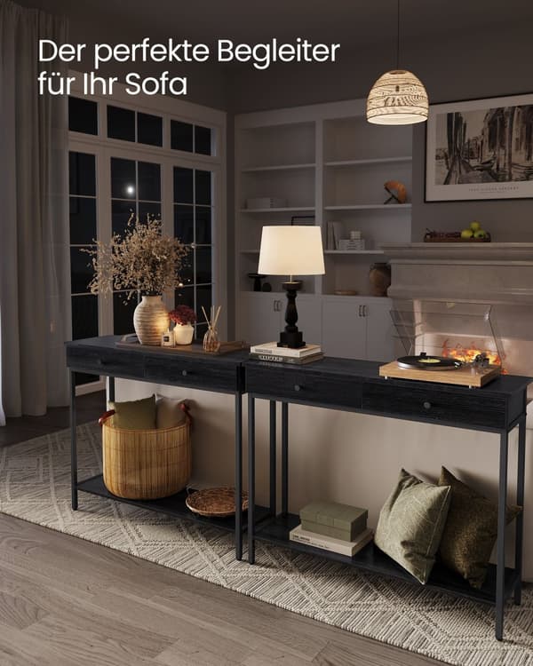 Konsolipöytä, eteispöytä, sivupöytä, sohvapöytä, teräsrunko, vakaa, teollinen muotoilu, vintage-ruskea-musta, 30x100x80 cm, antrasiitinharmaa.
