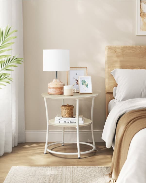 Sidebord med 2 hylder - stålramme - naturlig beige