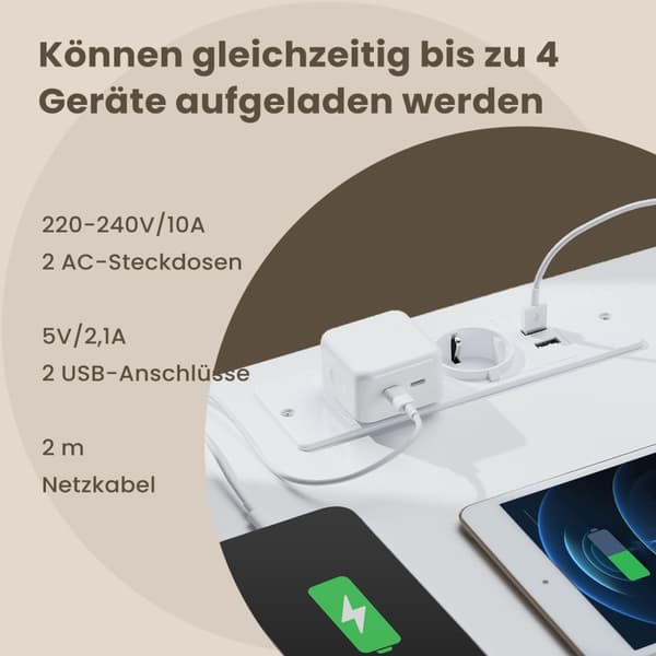 Sidebord - Med 2 stikkontakter, Wolkwit, ideel til soveværelse