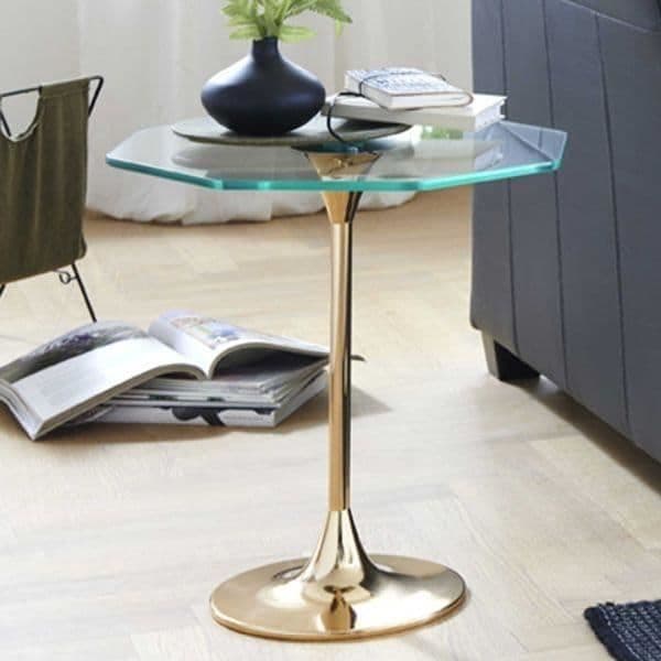 Guldbrun sidobord HAKU Möbel metall säkerhetsglas 8 mm Art Deco-stil