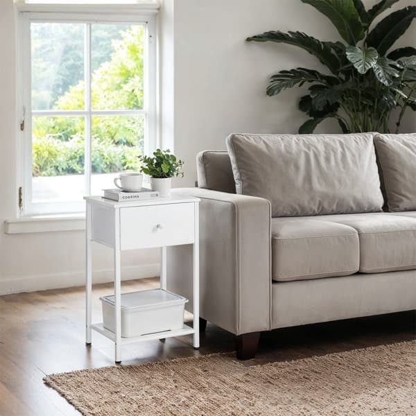 Sidebord, natbord, med hylde og stofskuffe