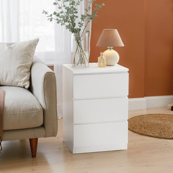 Natbord med strømstik, sidebord med 3 skuffer, 2 AC-stik, 2 USB-A-porte, 35x40x59 cm, Skyhvid
