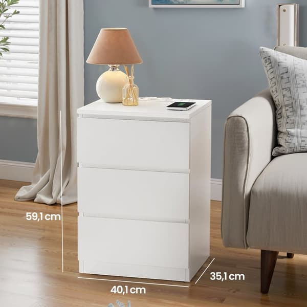 Natbord med strømstik, sidebord med 3 skuffer, 2 AC-stik, 2 USB-A-porte, 35x40x59 cm, Skyhvid