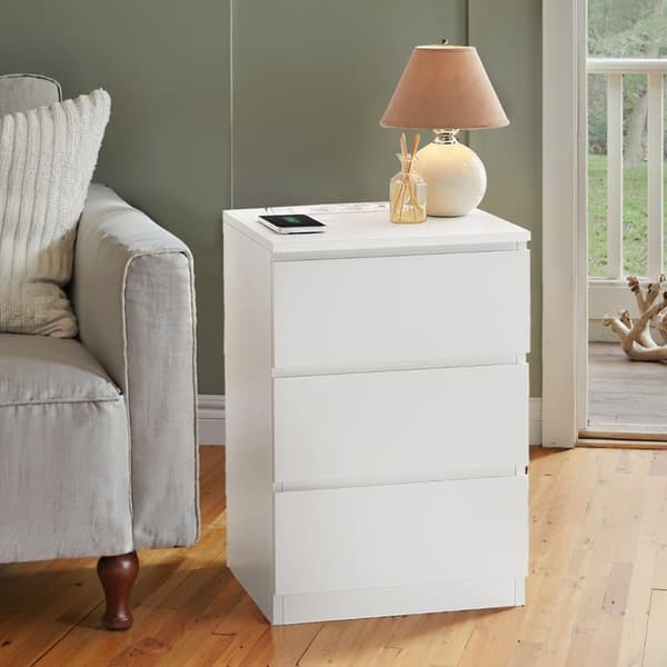 Natbord med strømstik, sidebord med 3 skuffer, 2 AC-stik, 2 USB-A-porte, 35x40x59 cm, Skyhvid