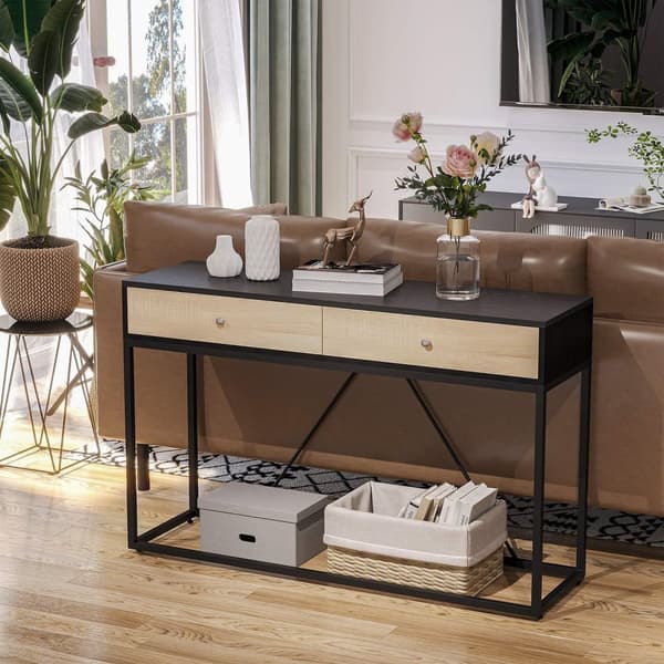 Rootz Console -taulukko - sisäänkäyntitaulukko - sohvataulukko - moderni muotoilu - 2 laatikkoa - metallikehys - 120 x 35 x 75 cm