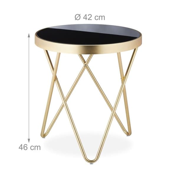 Relaxdays Rund sidobord, trendig i metall och glas; glänsande retrodesign, HxD: 46 x 42 cm svart-guld