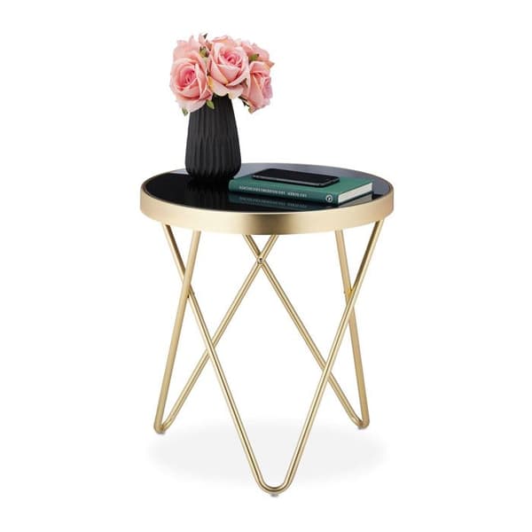 Relaxdays Rund sidobord, trendig i metall och glas; glänsande retrodesign, HxD: 46 x 42 cm svart-guld