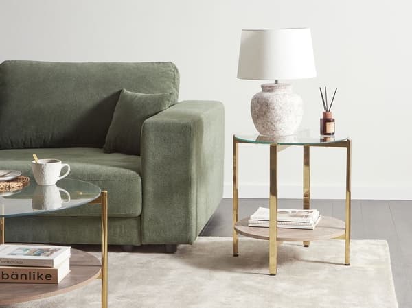 Sidebord i glas, lyst træ med guld LOVELL Lumarko!