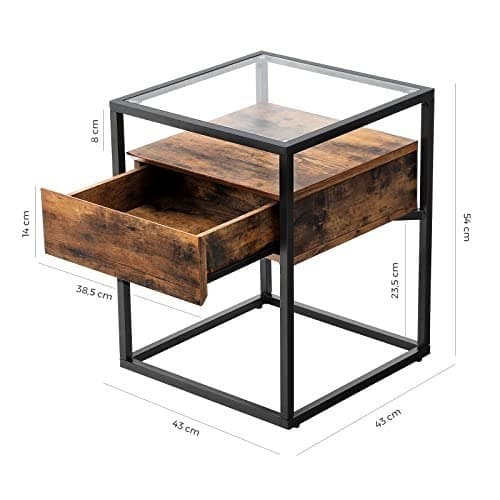 Sidebord, sidebord i hærdet glas med skuffe og hylde, natbord, industrielt i stuen, stabilt stål