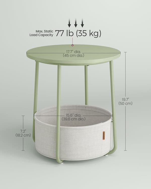 Lille rundt sidebord, moderne sengebord med stofkurv, natbord til stue/soveværelse, baygrøn og cr
