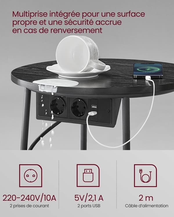 Rundt sidebord med ladestation, lille bord med stikkontakt, sofabord, USB-porte, stofkurv, stue, soveværelse,