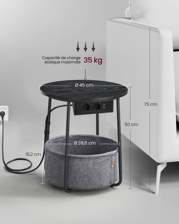 Rundt sidebord med ladestation, lille bord med stikkontakt, sofabord, USB-porte, stofkurv, stue, soveværelse,