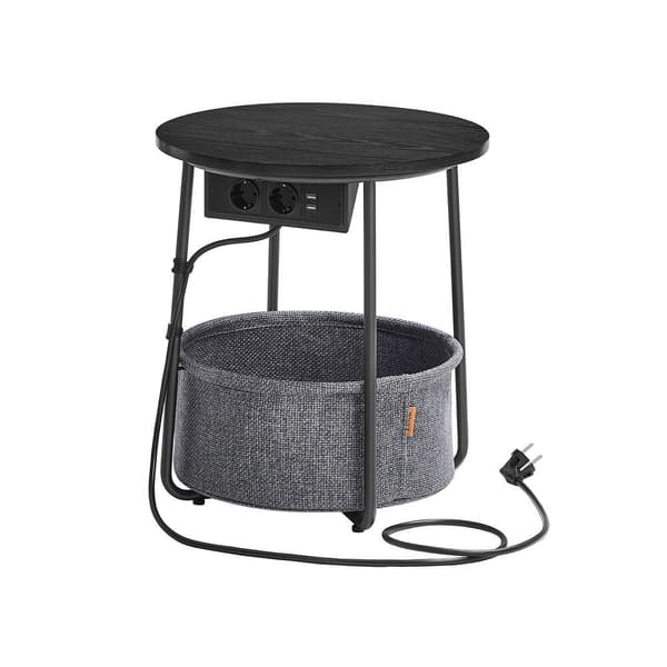 Rundt sidebord med ladestation, lille bord med stikkontakt, sofabord, USB-porte, stofkurv, stue, soveværelse,