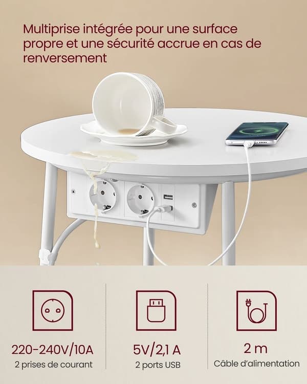 Rundt sidebord med ladestation, lille bord med stikkontakt, sofabord, USB-porte, stofkurv, stue soveværelse,