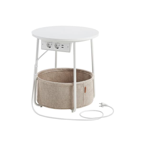 Rundt sidebord med ladestation, lille bord med stikkontakt, sofabord, USB-porte, stofkurv, stue soveværelse,