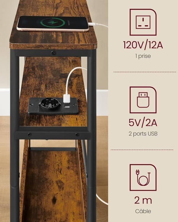 Smalt sidebord med stikdåse, natbord i 3 niveauer, endebord, til små rum, magasinreol,