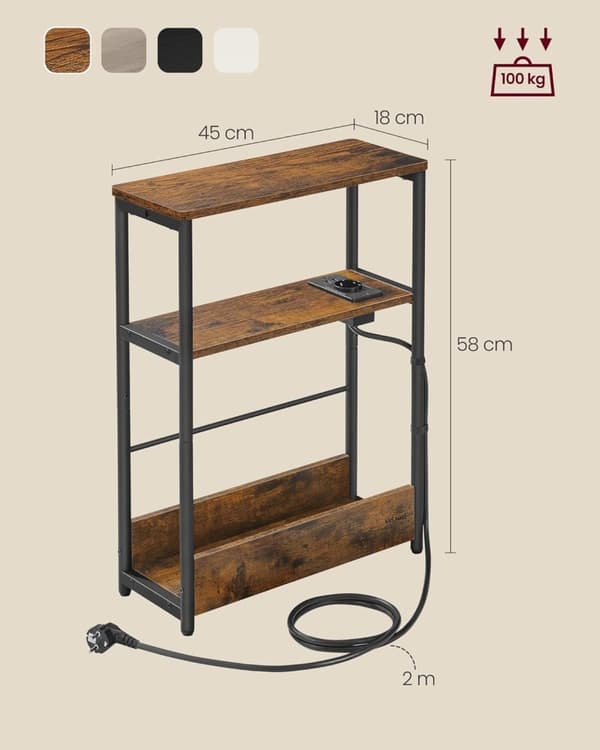 Smalt sidebord med stikdåse, natbord i 3 niveauer, endebord, til små rum, magasinreol,