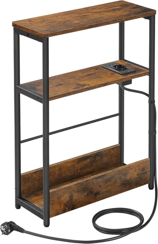 Smalt sidebord med stikdåse, natbord i 3 niveauer, endebord, til små rum, magasinreol,
