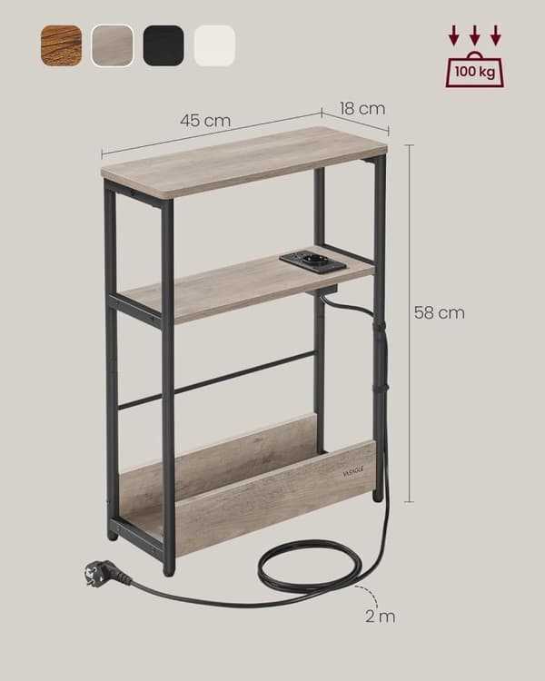 Slankt sidebord med strømskinne, 3-lags sengebord, sofaende, til små rum, magasinhylde, sovesofa