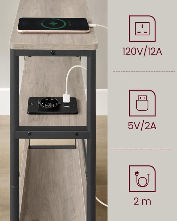 Slankt sidebord med strømskinne, 3-lags sengebord, sofaende, til små rum, magasinhylde, sovesofa