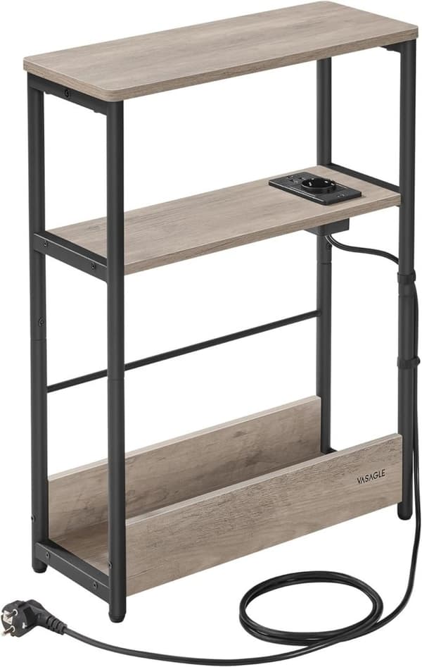 Slankt sidebord med strømskinne, 3-lags sengebord, sofaende, til små rum, magasinhylde, sovesofa
