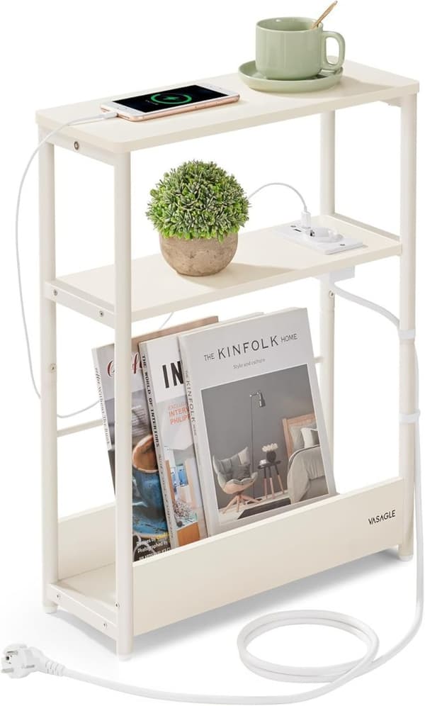 Slankt sidebord med strømskinne, 3-lags sengebord, sofaende, til små rum, magasinhylde, sovesofa