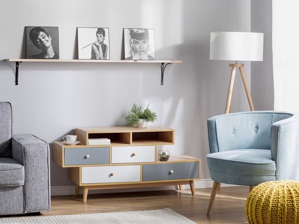 Kommode med Skuffer Grå Hvid Træ 59 x 115 cm 4 Skuffer Moderne Hylder