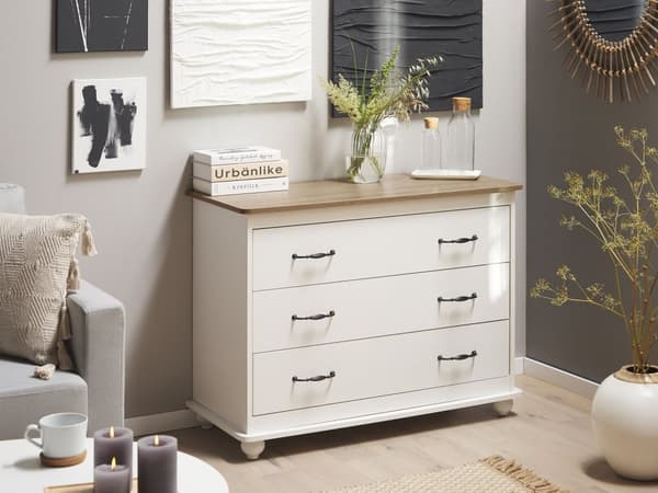 Kommode Hvid og Lyst Træ 79 x 100 cm Opbevaring med Skuffer Klassisk Traditionel Skandinavisk stil til Stue Soveværelse Indretning