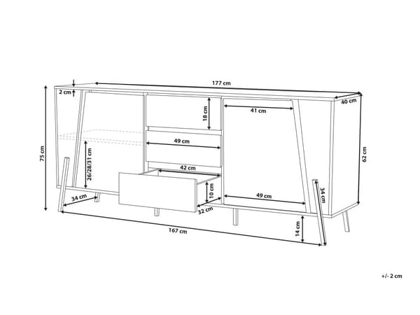 Senkki vaalea puu musta 177 x 40 x 75 cm lastulevy metalli laatikoilla hyllyillä moderni