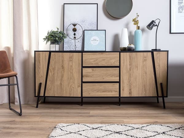 Senkki vaalea puu musta 177 x 40 x 75 cm lastulevy metalli laatikoilla hyllyillä moderni