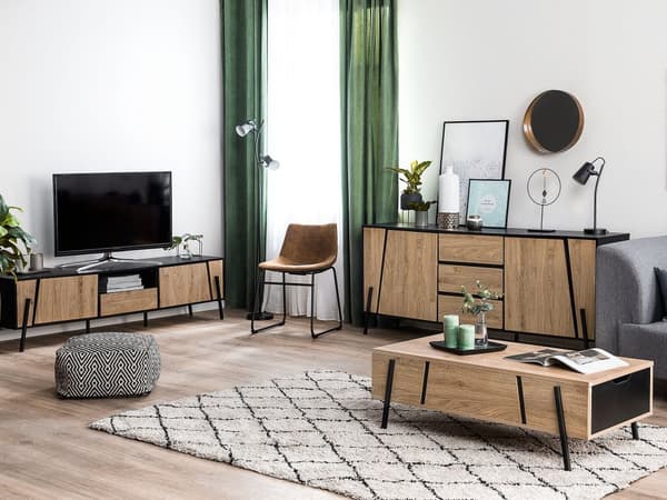 Senkki vaalea puu musta 177 x 40 x 75 cm lastulevy metalli laatikoilla hyllyillä moderni