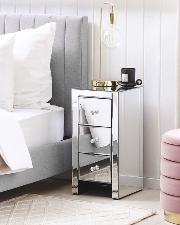 Byrålådor Silver Speglat Glas 3 Lådor Nattduksbord 60 x 30 x 30 cm Modern Glam Design